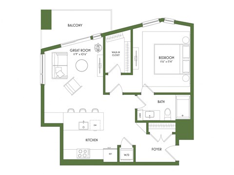 A floor plan of a house with a balcony, great room, bedroom, bath, kitchen, and foyer.